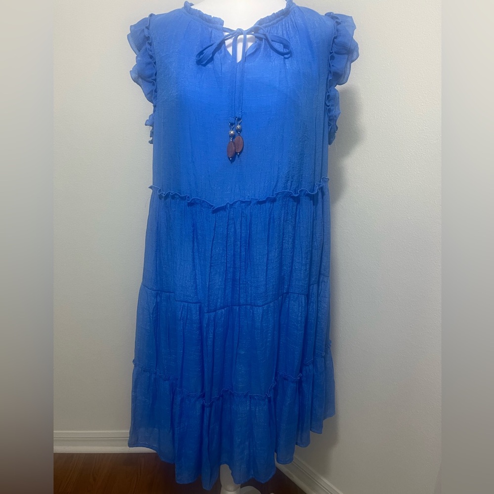 Blue Midi Dress with Ruffle Sleeves